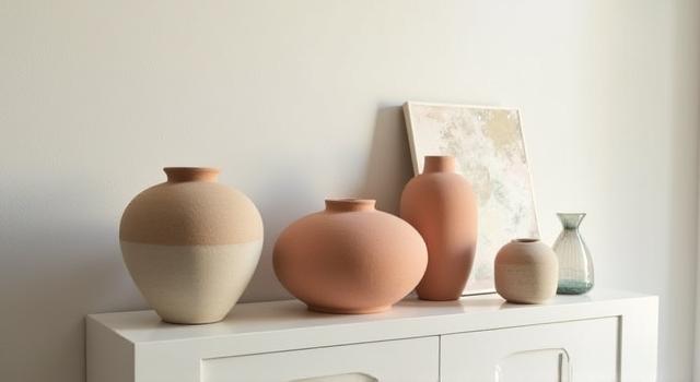 A tasteful arrangement of decorative ceramic vases and small abstract art pieces on a console table.